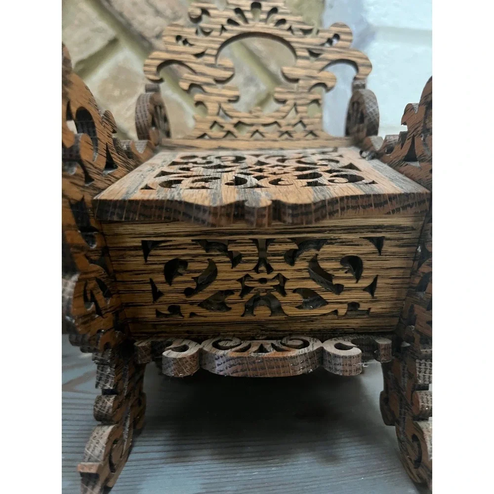 Folk art Handmade fretwork wooden basket hinged compartments‎ signed